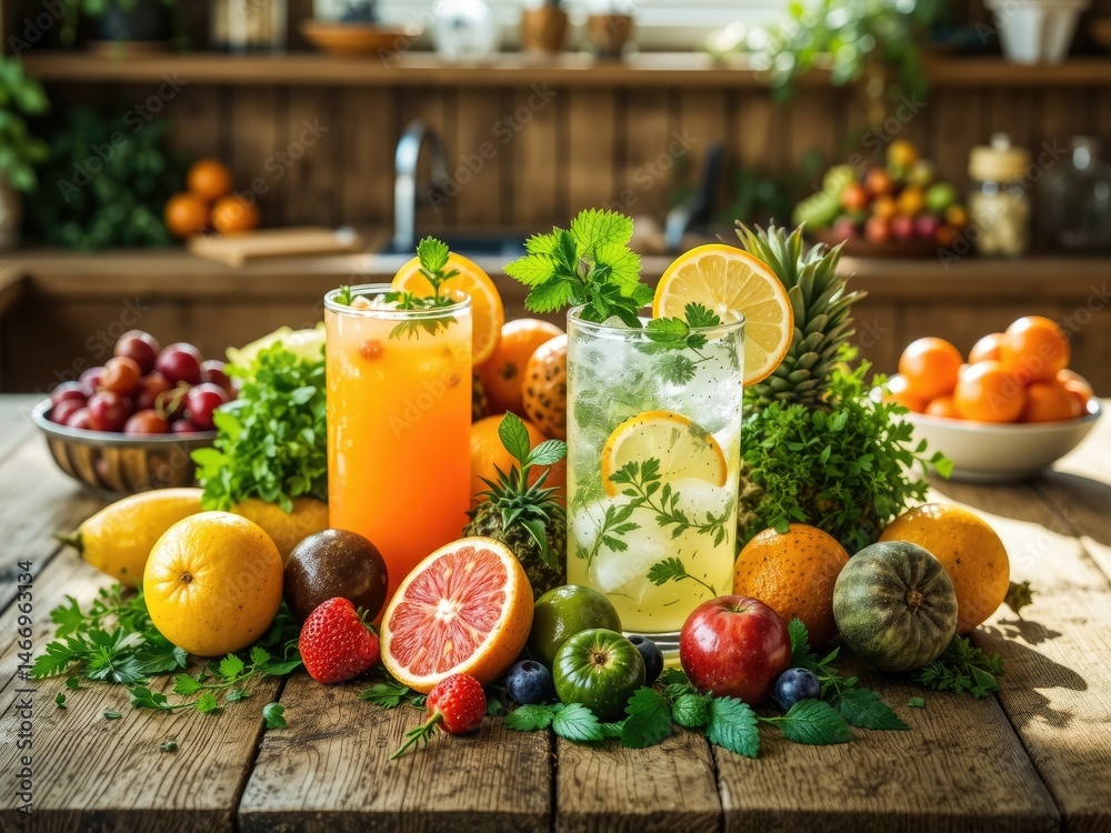 Fresh Summer Fruit Cocktail Ingredients on Wooden Table