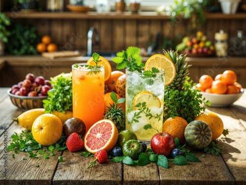Obraz na płótnie Fresh Summer Fruit Cocktail Ingredients on Wooden Table w salonie