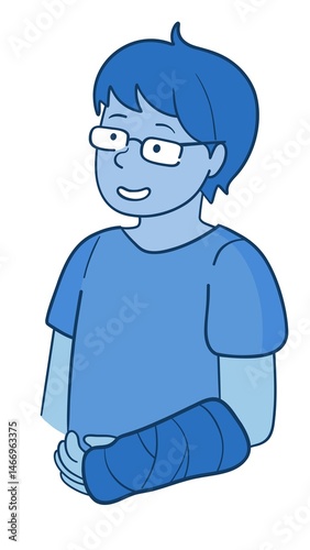 A boy with an arm injury, wearing a cast on his arm