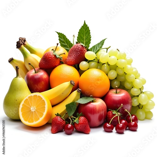Fresh variety of fruits including bananas, apples, oranges, and grapes on a white background