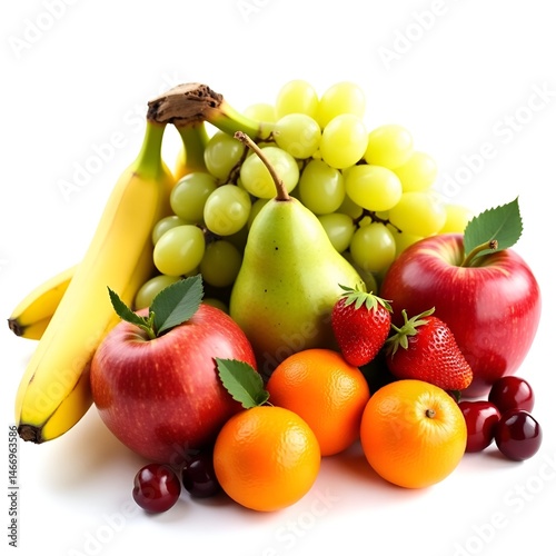 Fresh variety of fruits including bananas, apples, oranges, and grapes on a white background