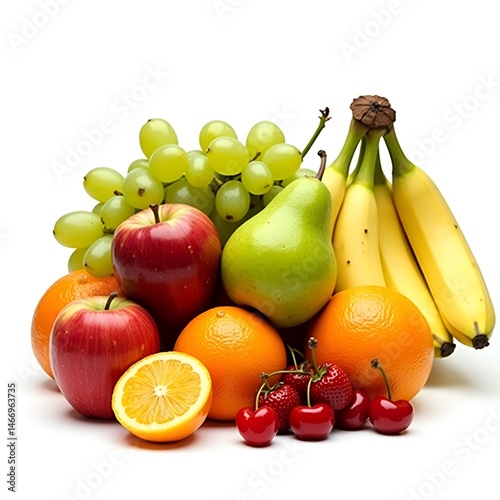 Fresh variety of fruits including bananas, apples, oranges, and grapes on a white background