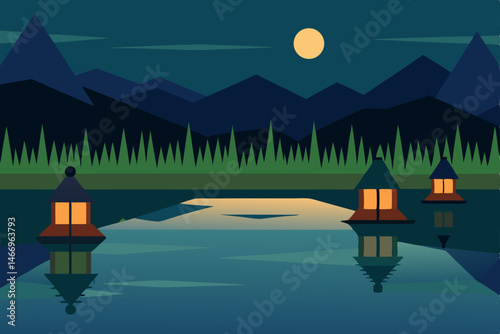 peaceful rice fields at dusk with lanterns reflect.svg