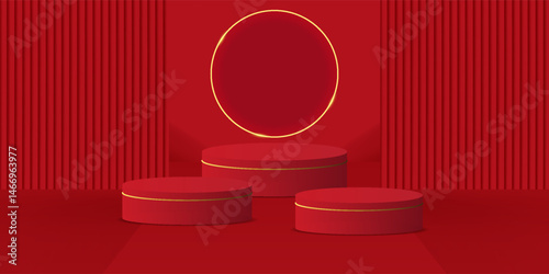 Realistic dark red and gold 3D cylinder pedestal podium with illuminate circle lamp backdrop. Minimal scene for products showcase, Promotion display.
