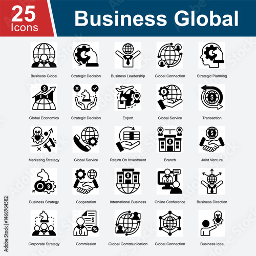 Business Global is a collection of icons representing global business strategies, leadership, international transactions, and global market expansion, emphasizing international collaboration.