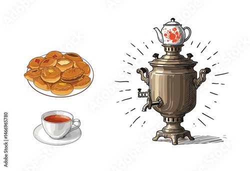 Russian samovar with tea and pastries, cozy atmosphere, traditional food and drink, vector illustration, copy space