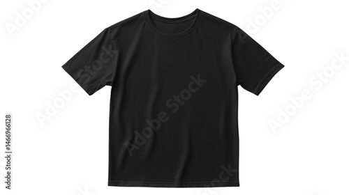A set of basic black T-shirts laid flat with clear front view, isolated on a transparent background