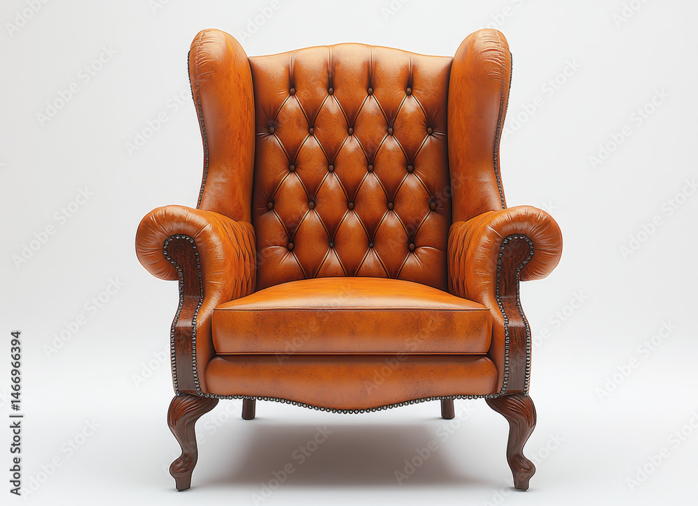 Luxurious Brown Leather Wingback Chair Isolated on White Background, Classic Upholstered Furniture with Button Tufted Design