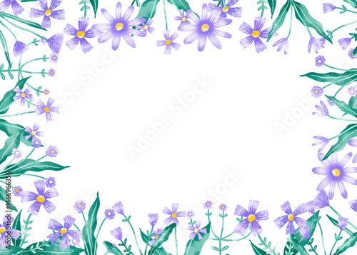 Horizontal Border frame Blue petal wild field flowers. Botanical hand drawn watercolor illustration on isolated background. Herbal design for wedding