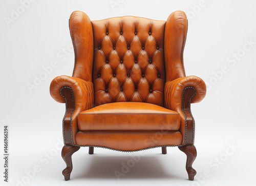 Obraz na płótnie Luxurious Brown Leather Wingback Chair Isolated on White Background, Classic Upholstered Furniture with Button Tufted Design w salonie