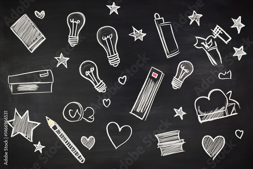 A black chalkboard background with white chalk science doodles of school supplies, including light bulbs, books, stars, and hearts. Perfect for a back to school theme. Back to school photo