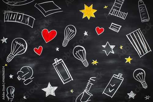 A black chalkboard background with white chalk science doodles of school supplies, including light bulbs, books, stars, and hearts. Perfect for a back to school theme. Back to school photo