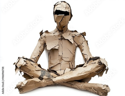 A cardboard figure, seated in a meditative pose, with a distressed, fragmented surface.  Layers of cardboard, like tattered skin, cover the whole form.  A masked face is apparent