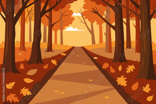 peaceful woodland path with fallen autumn leaves 
