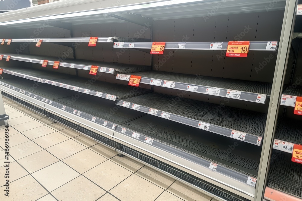 Empty supermarket shelves with limited stock showing scarcity. Empty supermarket shelves with limited stock showing scarcity.