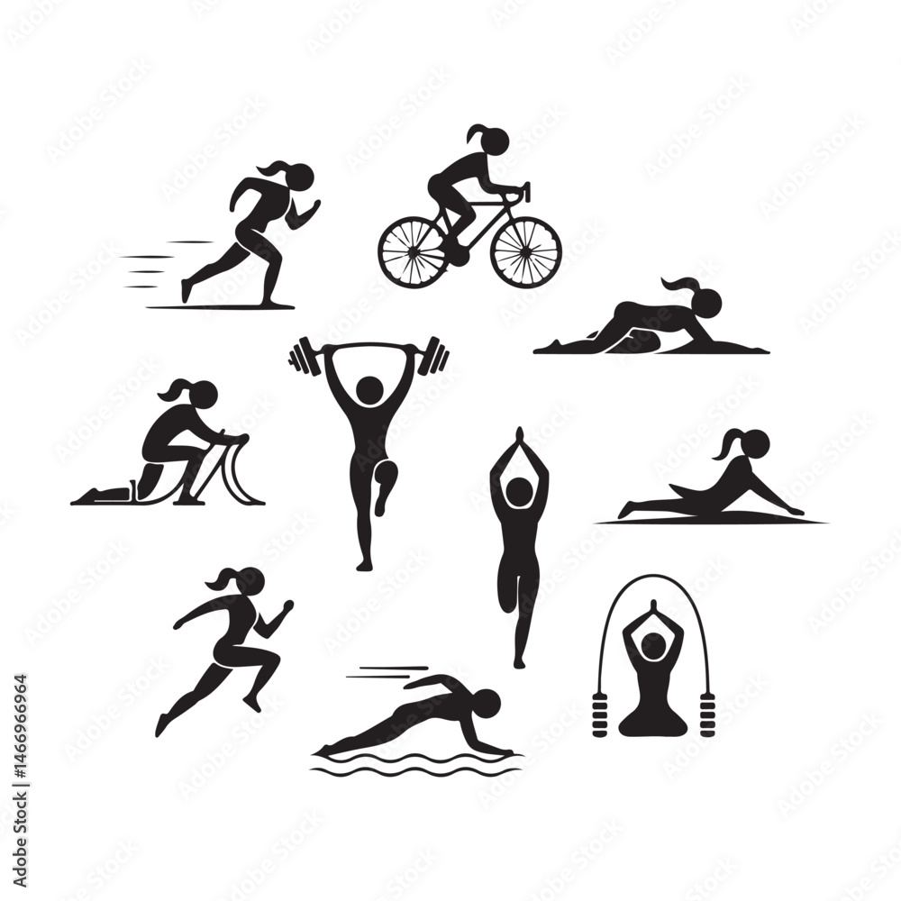 Obraz premium Black Silhouette Icons of People Doing Fitness and Wellness Activities – Running, Cycling, Yoga, and More