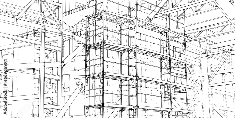 Fototapeta premium construction scaffolding, industrial building frame, architectural structure, black and white, minimalist, abstract, geometric shapes, linear patterns, industrial design, engineering, architecture