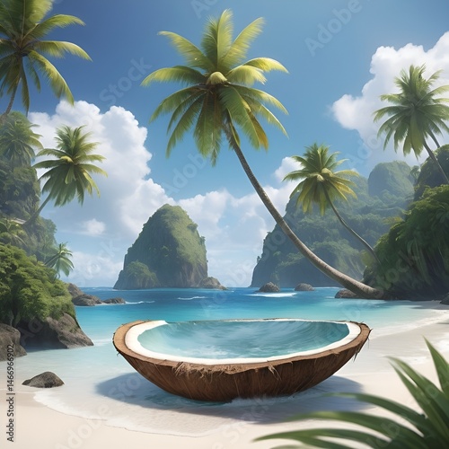 Surreal Tropical Island in a Coconut Shell with Turquoise Waters, Cascading Waterfall, Palm Trees, and Cozy Wooden Hut – Fantasy Nature Art