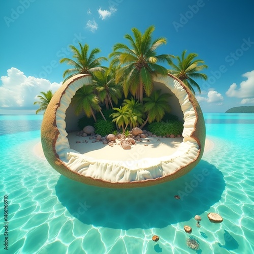 Surreal Tropical Island in a Coconut Shell with Turquoise Waters, Cascading Waterfall, Palm Trees, and Cozy Wooden Hut – Fantasy Nature Art