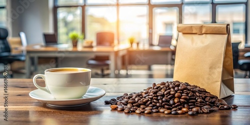A coffee packet on a table with scattered coffee beans and a small cup, amidst a cluttered background , office