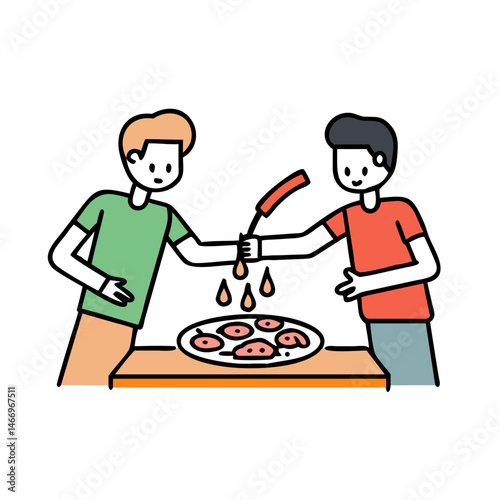 Two friends preparing pizza together in a fun and colorful line art style