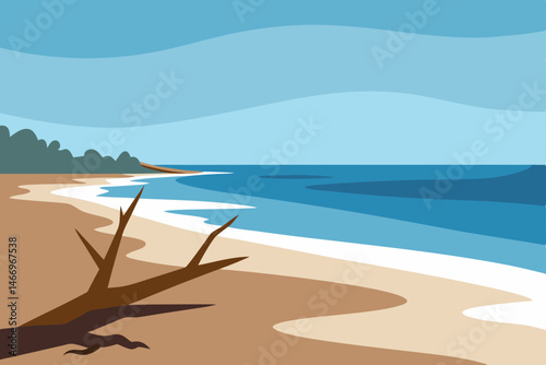 quiet beach after storm with driftwood and tide 