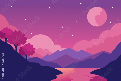 pink twilight over a valley filled with cherry 