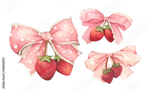 Coquette Strawberry Bow Watercolor in Autumn Garden with Soft Pastel and Feminine Vintage Style