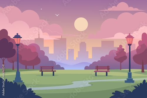 quiet city park at sunrise with dew covered grass .svg