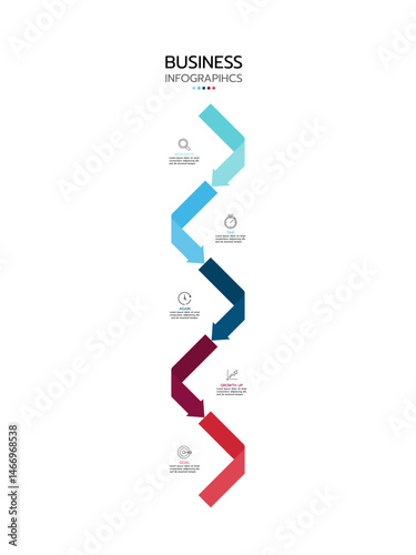 Business infographic template displaying five vertical, connected zigzag arrow banners with a gradient from light blue to red. Each banner contains an icon and text area. Vector illustration.