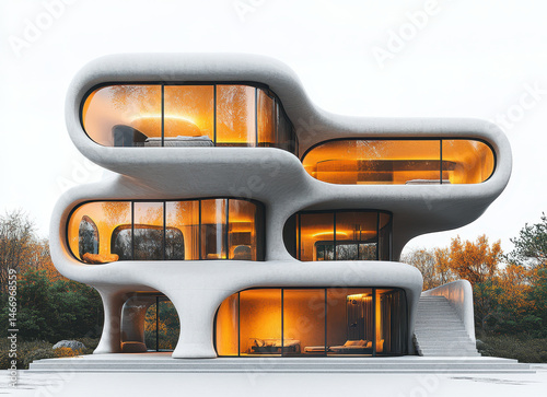 Futuristic Modern Architecture Home with Organic Curves and Large Glass Windows on White Background