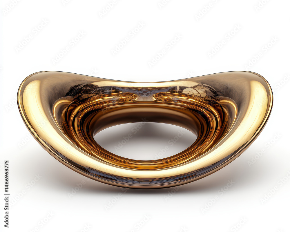 abstract golden sculpture resembling a polished diapason isolated on white background, modern art piece concept