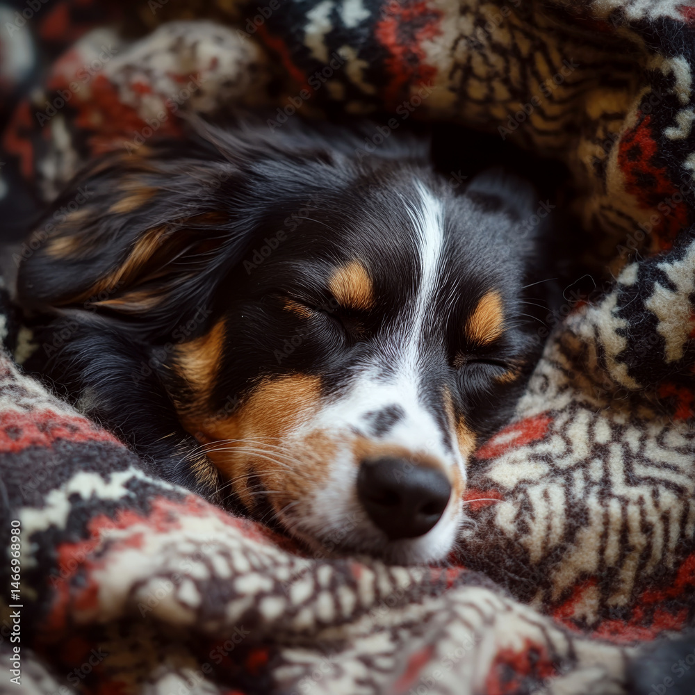 A small dog sleeps peacefully, wrapped in a cozy patterned blanket. Concept of warmth and comfort. For pet-themed content.