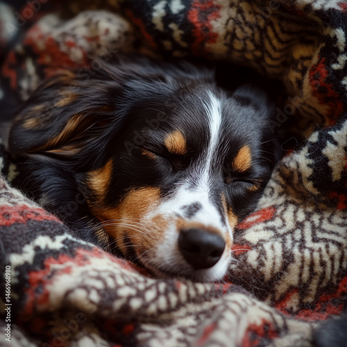 Obraz na płótnie A small dog sleeps peacefully, wrapped in a cozy patterned blanket. Concept of warmth and comfort. For pet-themed content. w salonie