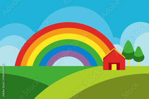 quiet farmland under a vivid double rainbow after  