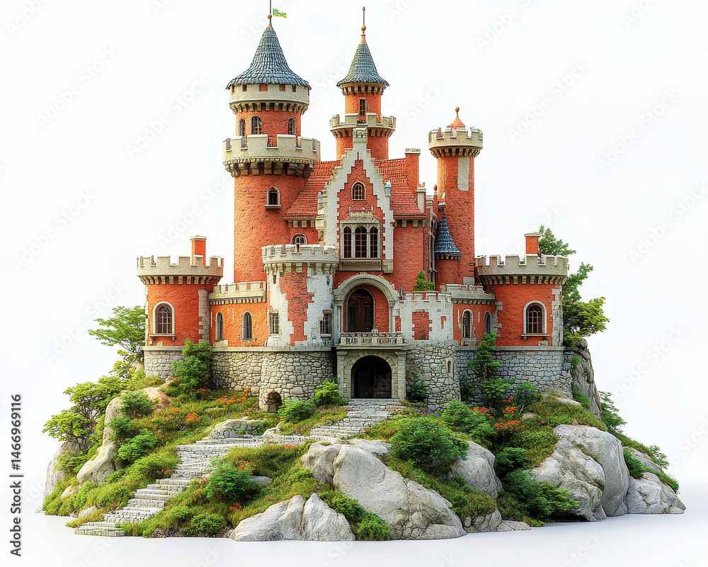 Majestic Castle with Red Brick Towers and Stone Walls on Rocky Hill Isolated on White Background