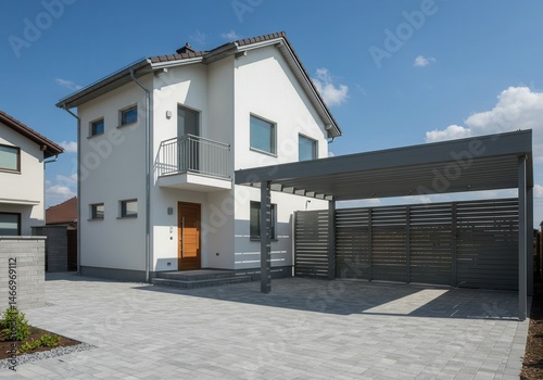A modern white house with a gray carport and a paved driveway under a bright blue sky outside home view