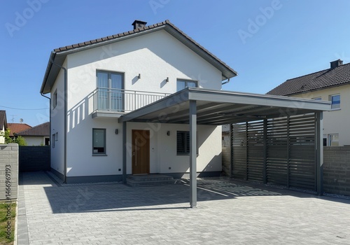 View of a two story house with a carport and a small balcony on a sunny day with a clear blue sky