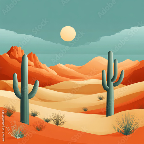 Obraz na płótnie Two cacti stand in a colorful desert landscape with a bright sun above. Concept of desert scenery. For background in travel brochures. w salonie