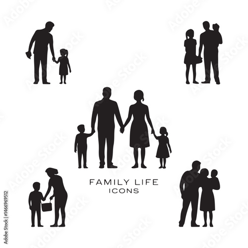 Black Silhouette Icons of Family Life – Parents, Children, Grandparents, and Daily Activities