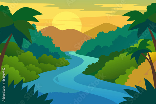 quiet jungle river glistening in the afternoon 