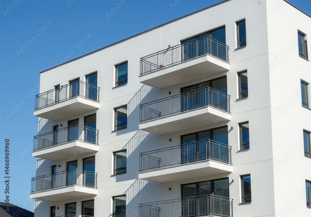 White apartment building with balconies under a clear blue sky on a sunny day in a modern style White apartment building with balconies under a clear blue sky on a sunny day in a modern style