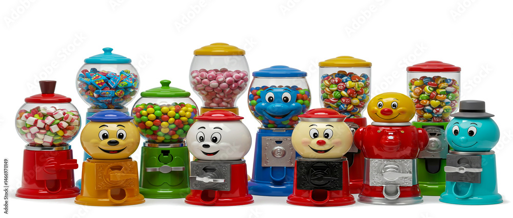 Fototapeta premium A colorful collection of whimsical gumball machines filled with various candies on a white background