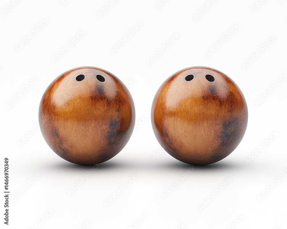 image of two glossy brown wooden balls with finger holes resembling bowling balls on white background