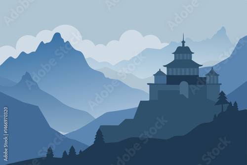 quiet mountain monastery perched above a misty 
