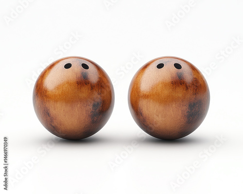 Obraz na płótnie image of two glossy brown wooden balls with finger holes resembling bowling balls on white background w salonie