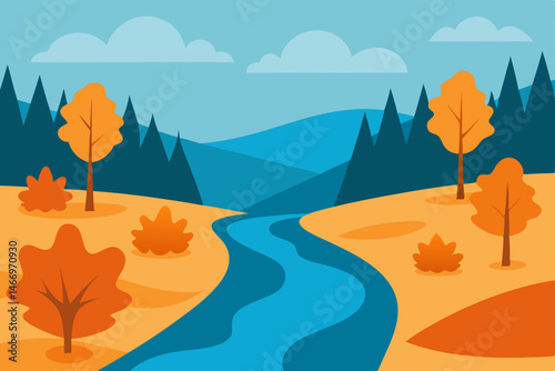 quiet river running through autumn forest with 