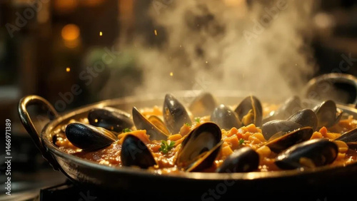 Spanish paella with mussels. Close up. 