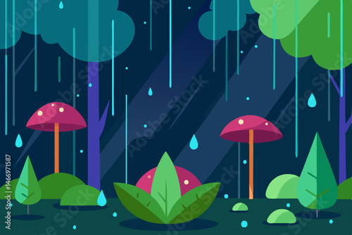 rain drenched forest with glistening leaves 