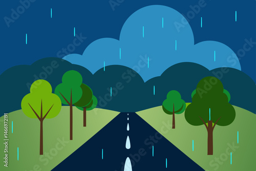 rain falling on a quiet countryside lane lined 